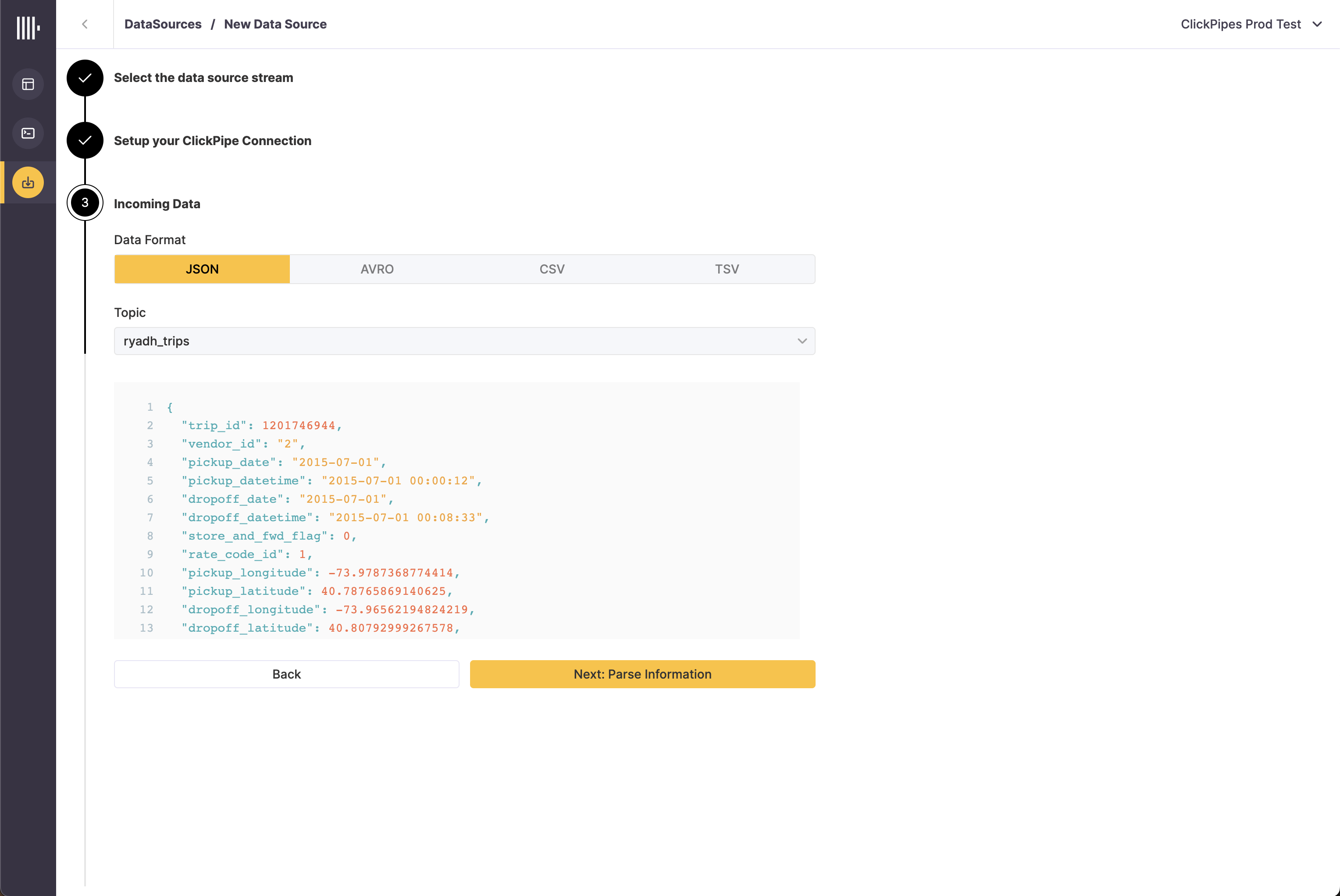 Set data format and topic